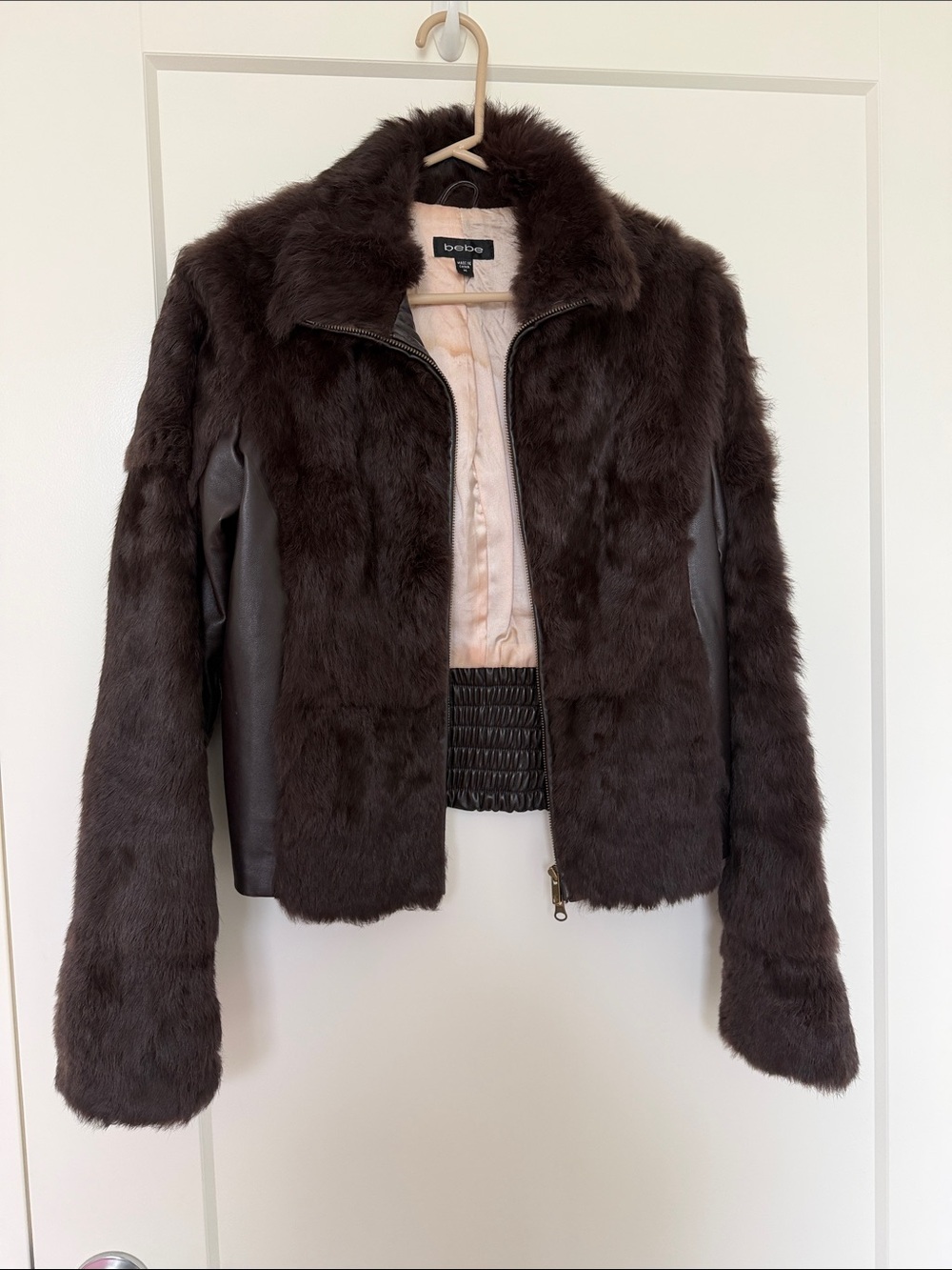 BeBe Dark Brown Rabbit Fur Jacket with Leather-Style Panels
